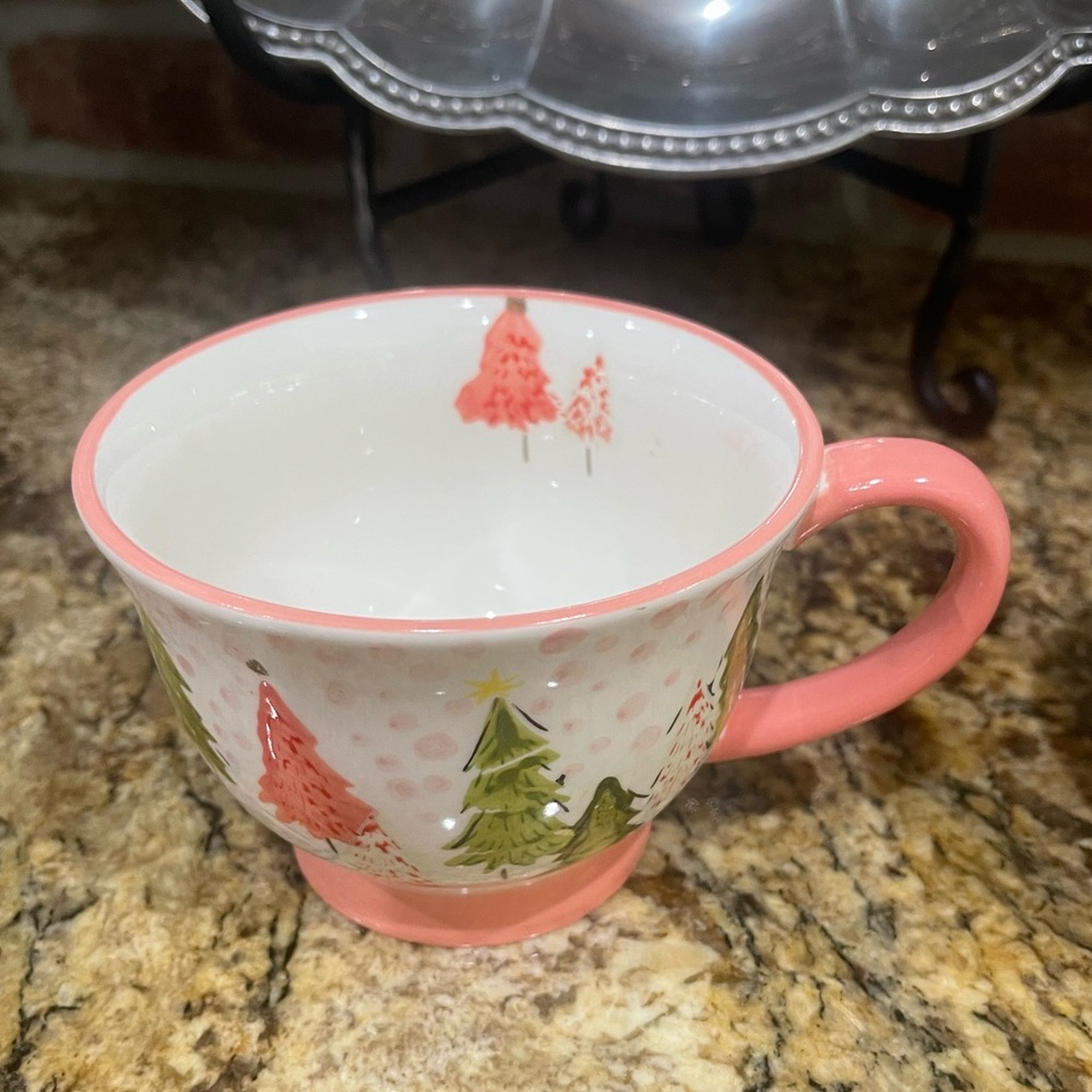 Potter’s Studio pedestal mug - pink and green trees and polka dots design -new!